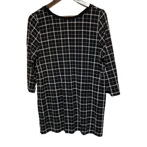 J Jill Wearever Tunic Womens L Black Long Sleeve Stretch Lightweight Top Plaid